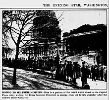 Original newspaper photo caption reads "hoping to see prime minister; here is a portion of the crowd which stood in the Capitol Plaza today waiting for Prime Minister Churchill to emerge from the Senate chamber after his address before Congress