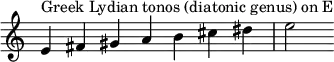{
\override Score.TimeSignature #'stencil = ##f
\relative c' {
\clef treble \time 7/4
e4^\markup { Greek Lydian tonos (diatonic genus) on E } fis gis a b cis dis e2
} }