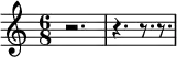 {
\relative c'' {
\time 6/8
r2. r4. r8. r8.
}
}