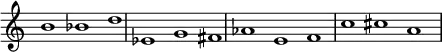 {
\override Score.TimeSignature
#'stencil = ##f
\override Score.SpacingSpanner.strict-note-spacing = ##t
\set Score.proportionalNotationDuration = #(ly:make-moment 3/2)
\relative c'' {
\time 3/1
\set Score.tempoHideNote = ##t \tempo 1 = 60
b1 bes d
es, g fis
aes e f
c' cis a
}
}