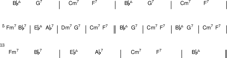 {
\new ChordNames \with {
\override BarLine #'bar-extent = #'(-2 . 2)
\consists "Bar_engraver"
}
\chordmode {
\override Score.BarNumber.font-size = #0
\override Score.BarNumber.stencil= #(make-stencil-boxer 0.1 0.25 ly:text-interface::print)
\set Score.barNumberVisibility = #all-bar-numbers-visible
\bar ""
bes2:maj7 g:7 | c:m7 f:7 | bes:maj7 g:7 | c:m7 f:7 | \break
f:m7 bes:7 | es:maj7 aes:7 | d:m7 g:7 | c:m7 f:7 \bar "||"
bes2:maj7 g:7 | c:m7 f:7 | bes:maj7 g:7 | c:m7 f:7 | \break
f:m7 bes:7 | es:maj7 aes:7 | c:m7 f:7 | bes1:maj7 \bar "||"
} }