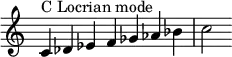 {
\override Score.TimeSignature #'stencil = ##f
\relative c' {
\clef treble \time 7/4
c4^\markup { C Locrian mode } des es f ges aes bes c2
} }