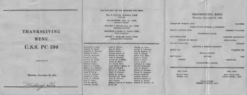Thanksgiving Menu USS PC-598, November 25, 1943, Midway Island
