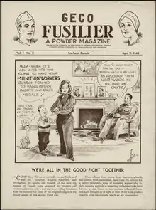 Cover of the GECO Fusilier Magazine that shows a cartoon by Lou Skuce on the cover which compares a women's contribution in a munition factory to that of a soldier.